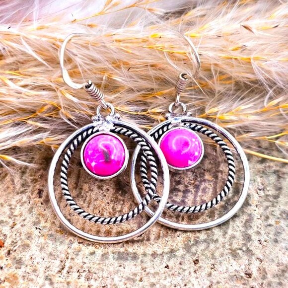Hot Pink Stone Double Loops 925 Earring - Picture 2 of 10